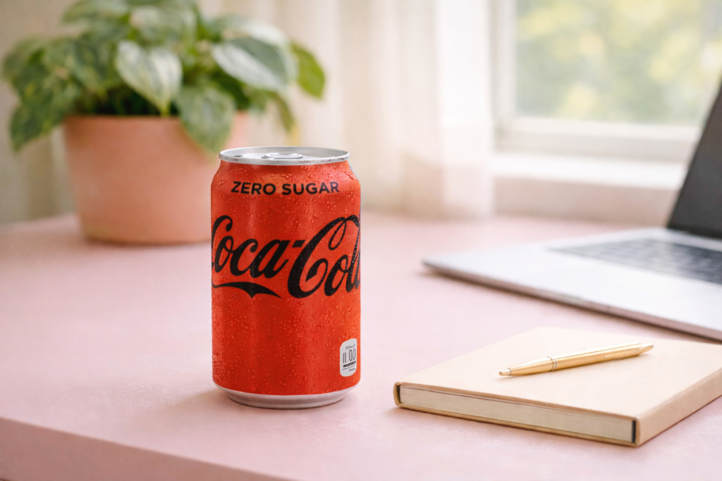 coke zero on a pink desk